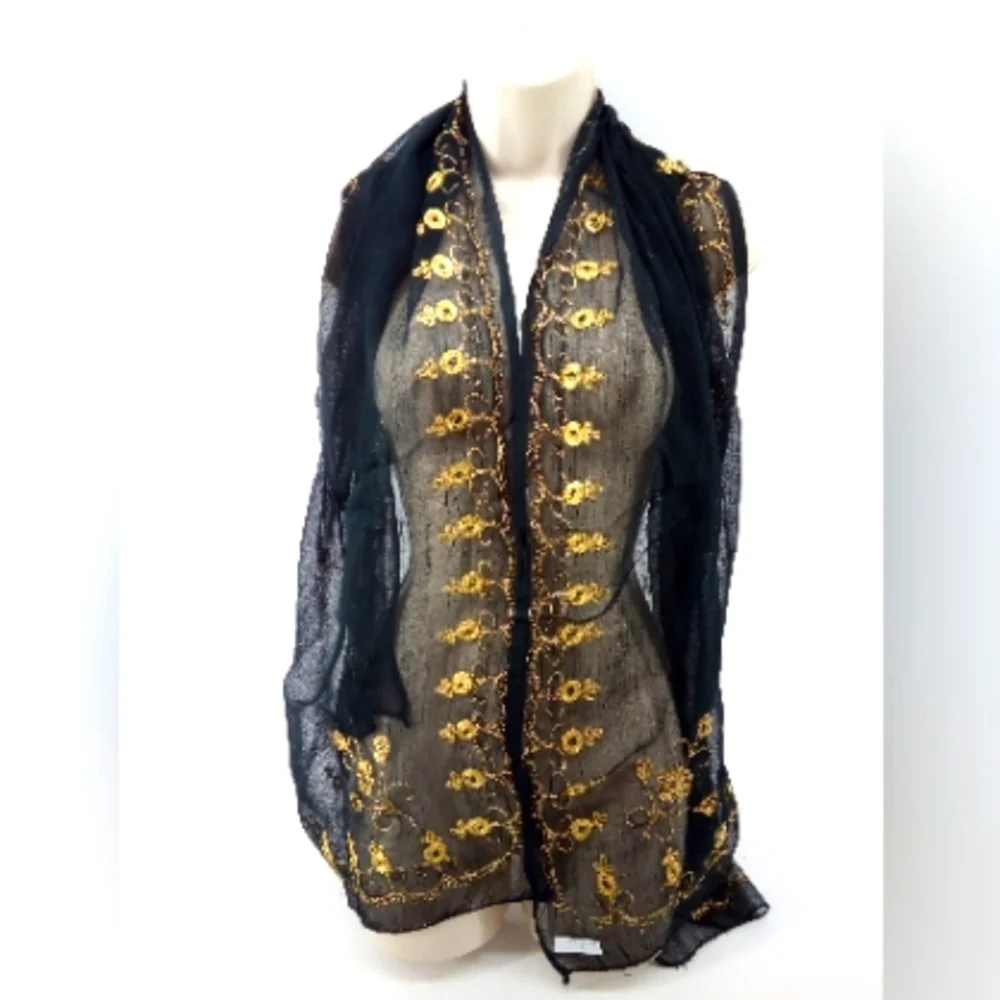 Vintage Metallic Gold Black Sheer Neck Scarf